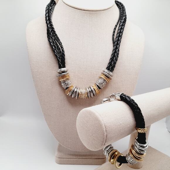 Chico’s Black Braided Necklace & Bracelet Set Rhinestone Charms Gold Silver Tone - Picture 2 of 9